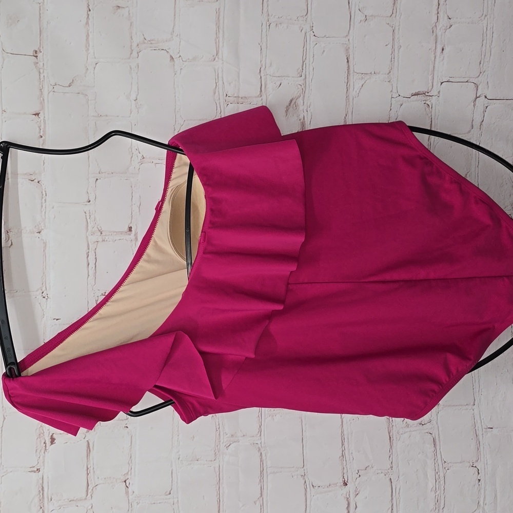 Kona Sol One Piece Swimsuit Ruffle One Shoulder Full Coverage Seat Hot Pink - Picture 6 of 15